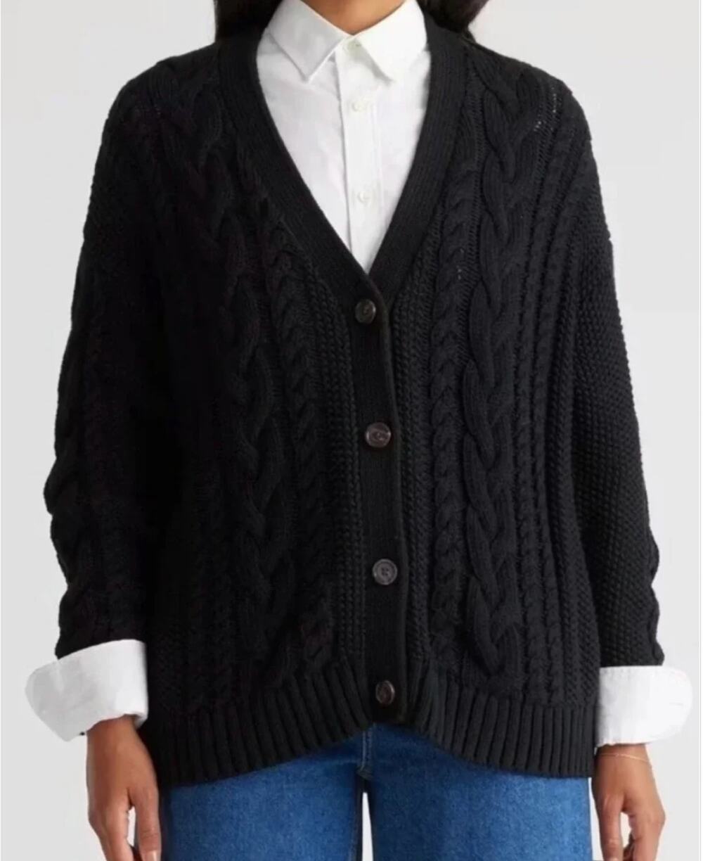 Quince Organic Cotton Oversized Cable Cardigan Sweater Black XS